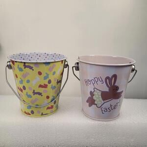Easter metal pails with handles bundle 2 featuring bunny designs small 4"Hx4"W